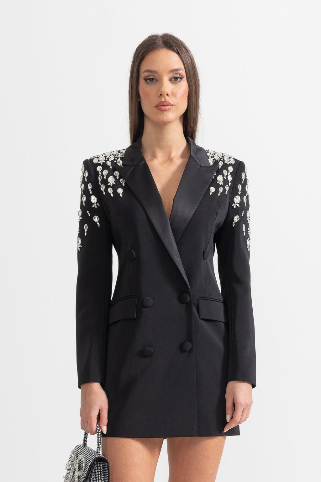 ELEGANT BLAZER WITH DIAMOND EMBELLISHED SHOULDERS - BLACK
