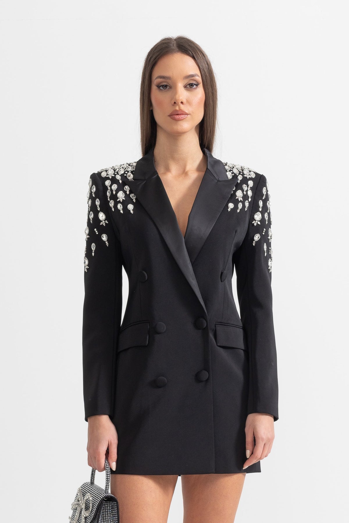 ELEGANT BLAZER WITH DIAMOND EMBELLISHED SHOULDERS - BLACK