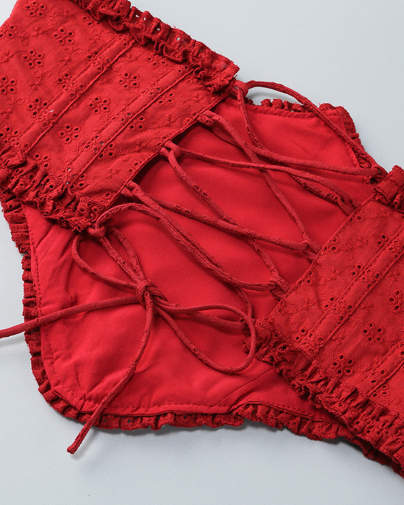 Bardot Broderie Corset A Line Dress Red