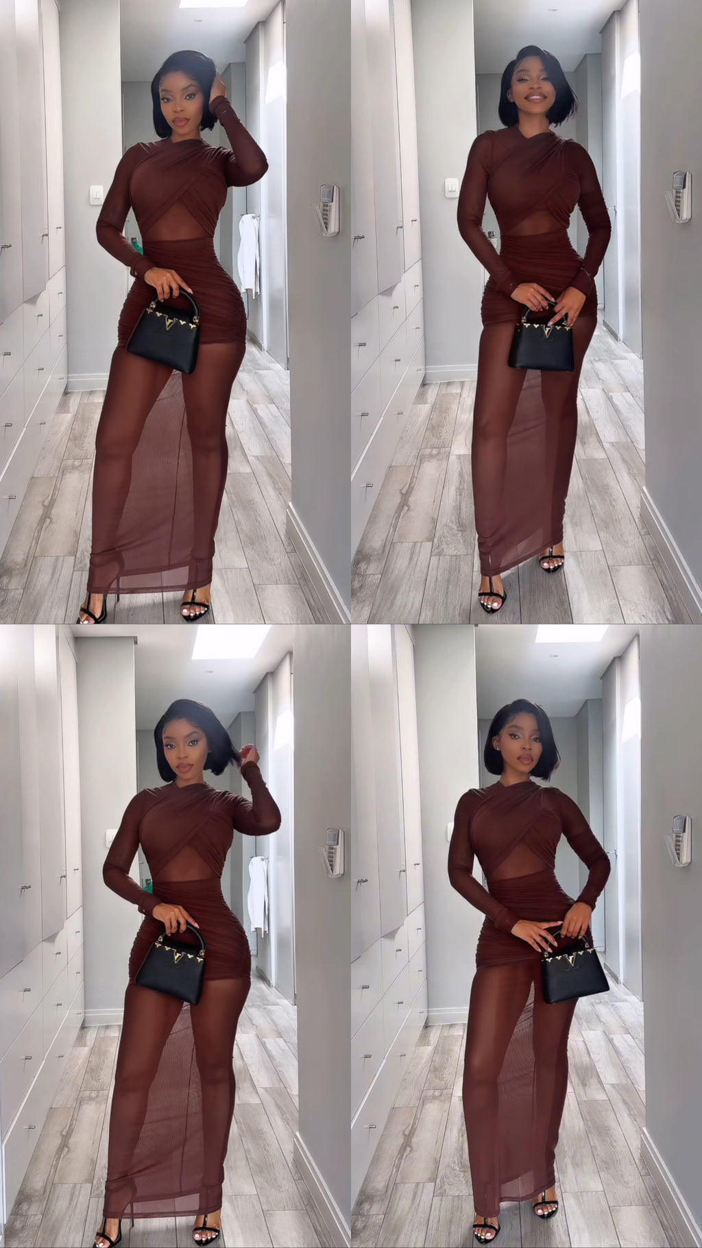 Long Sleeve Mesh Insert Draped Maxi Dress Brown