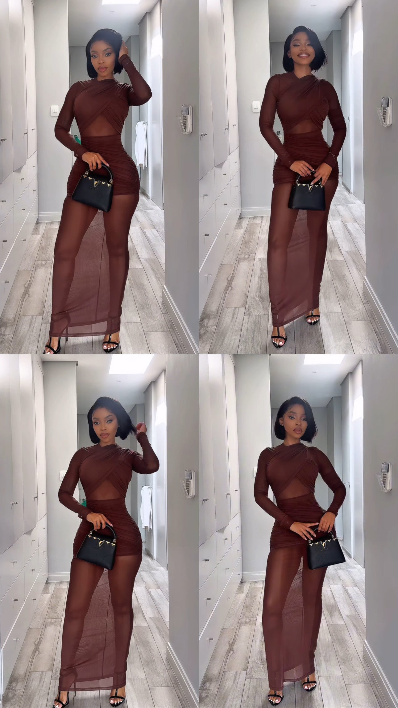 Long Sleeve Mesh Insert Draped Maxi Dress Brown