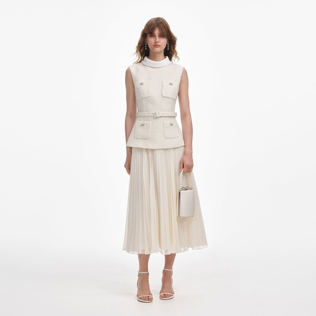 CREAM BOUCLE SLEEVELESS MIDI DRESS