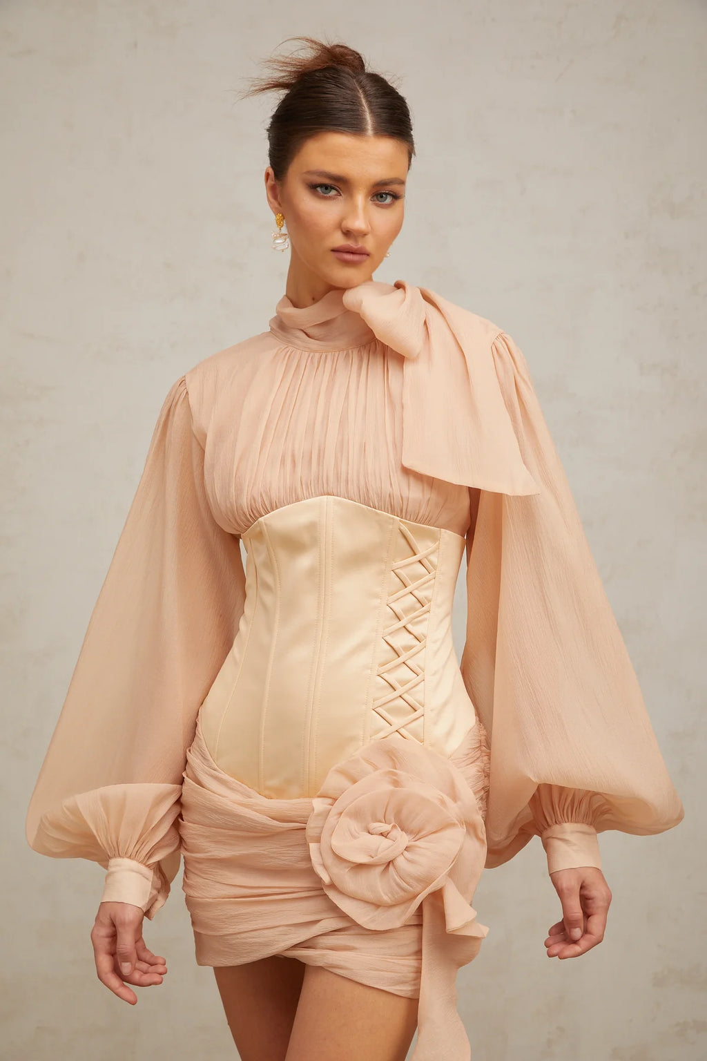 Téa cinched-waist floral-appliqué panelled mini dress