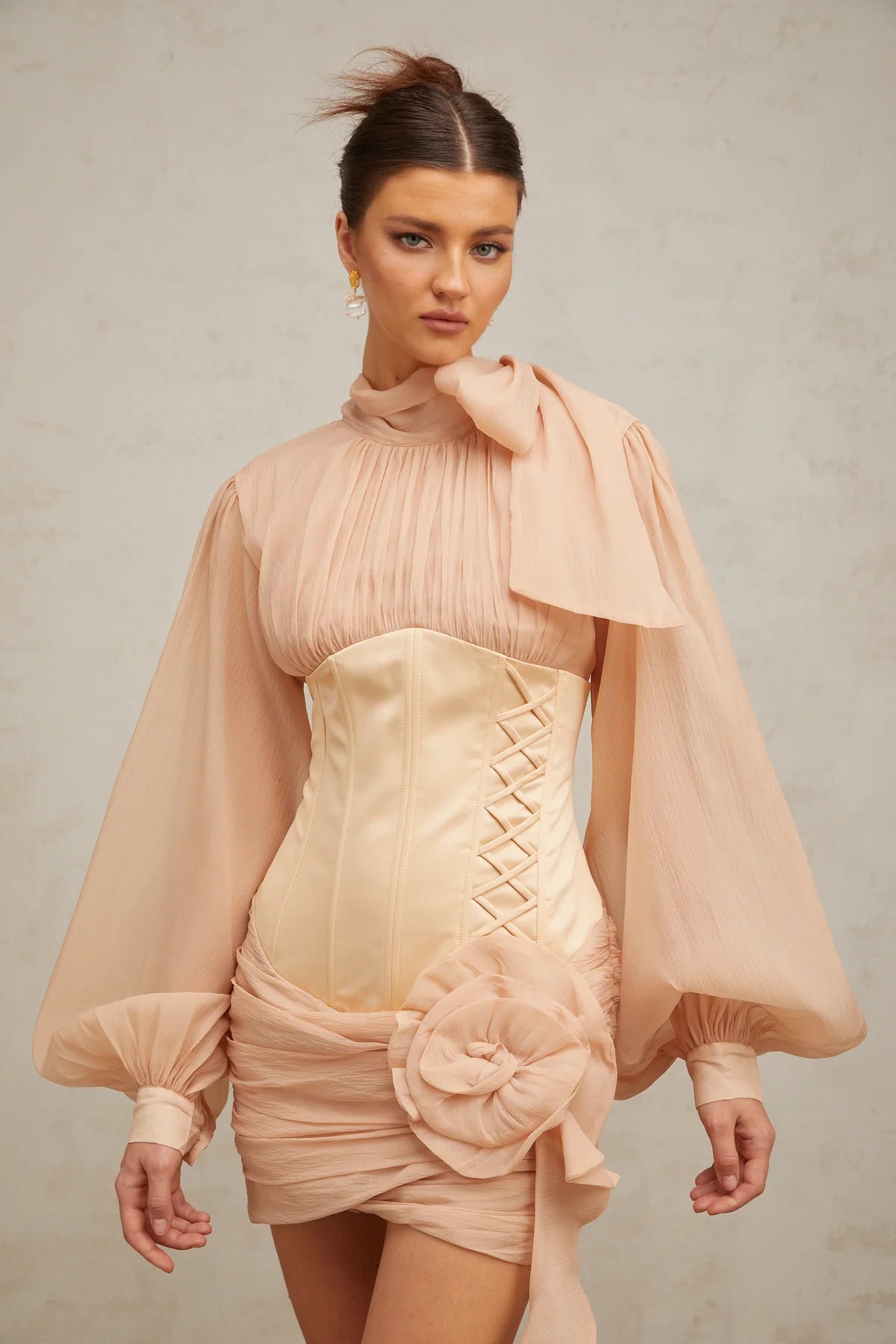 Téa cinched-waist floral-appliqué panelled mini dress