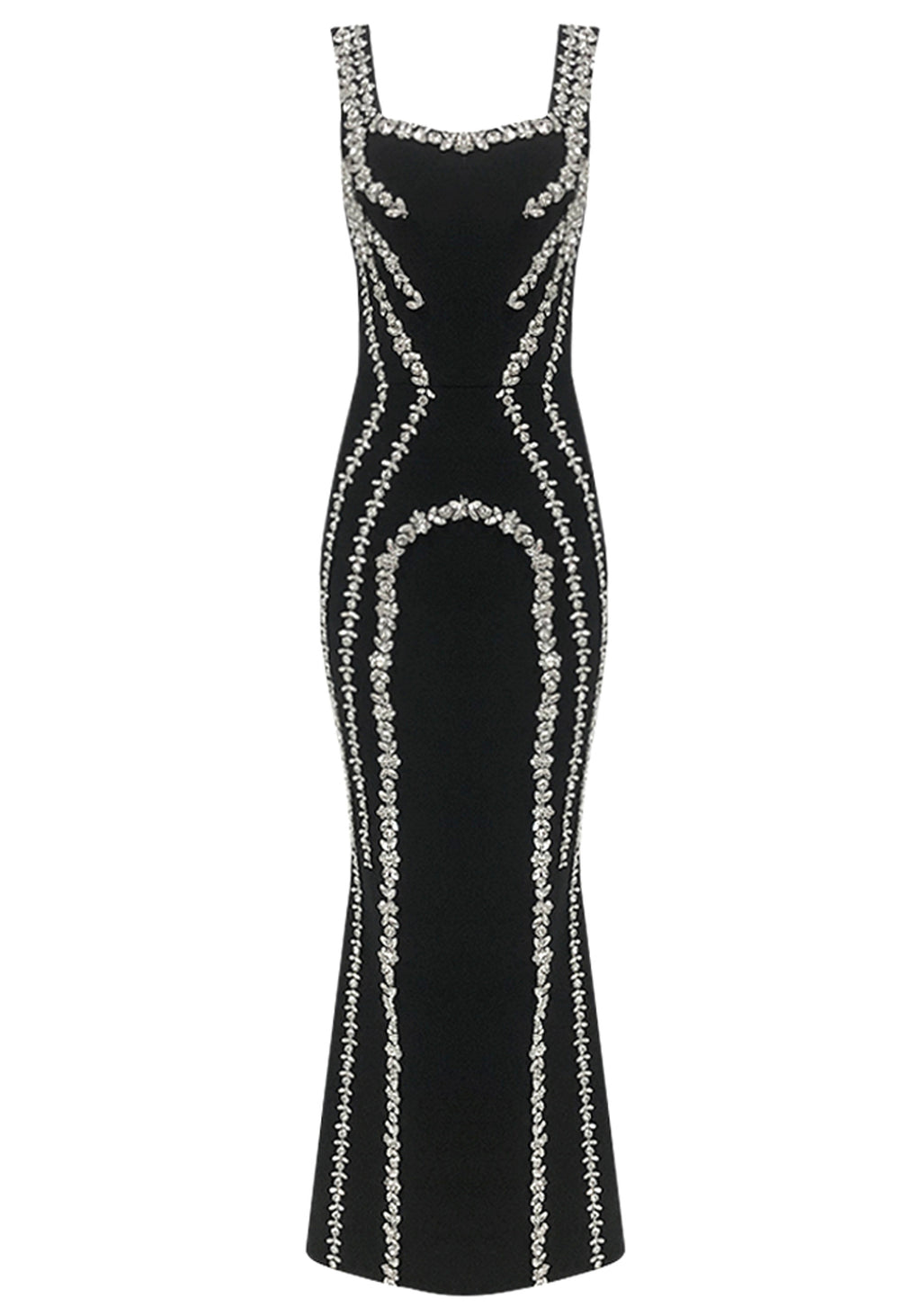 RHINESTONE - EMBELLISHED SQUARE - NECK MERMAID MAXI DRESS IN BLACK