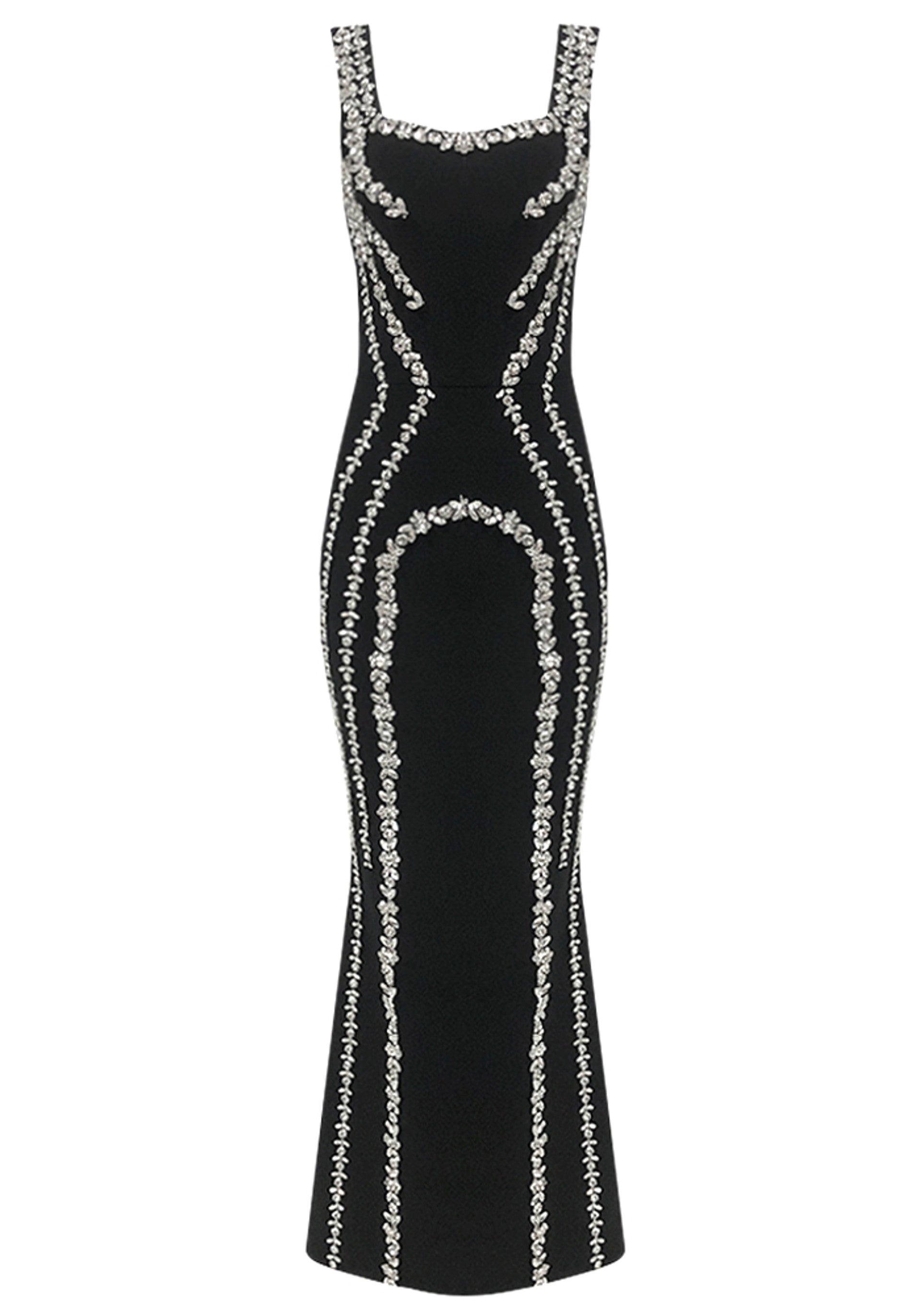 RHINESTONE - EMBELLISHED SQUARE - NECK MERMAID MAXI DRESS IN BLACK