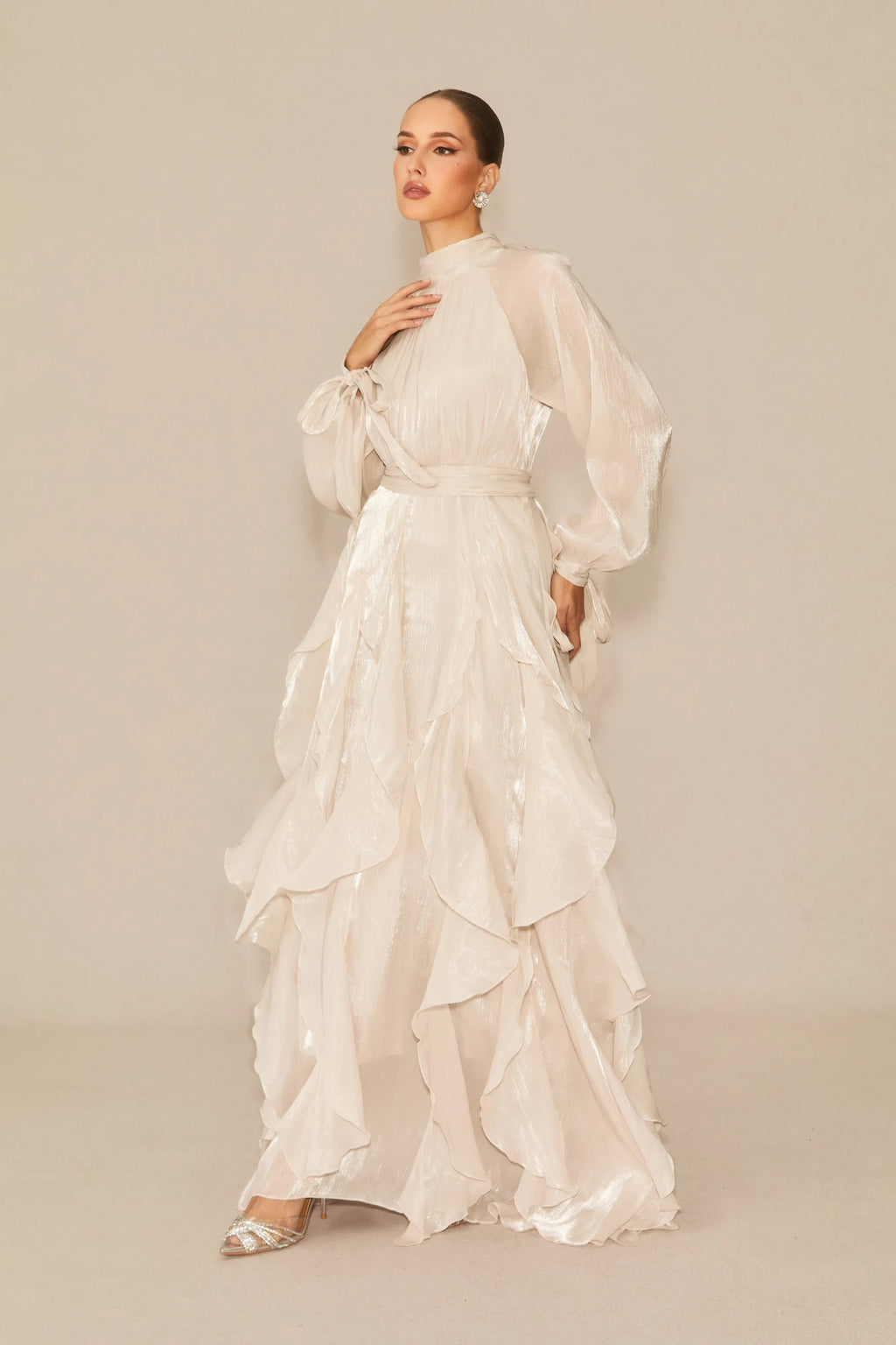 Estella Puff Sleeve Ruffle Trim Maxi Dress