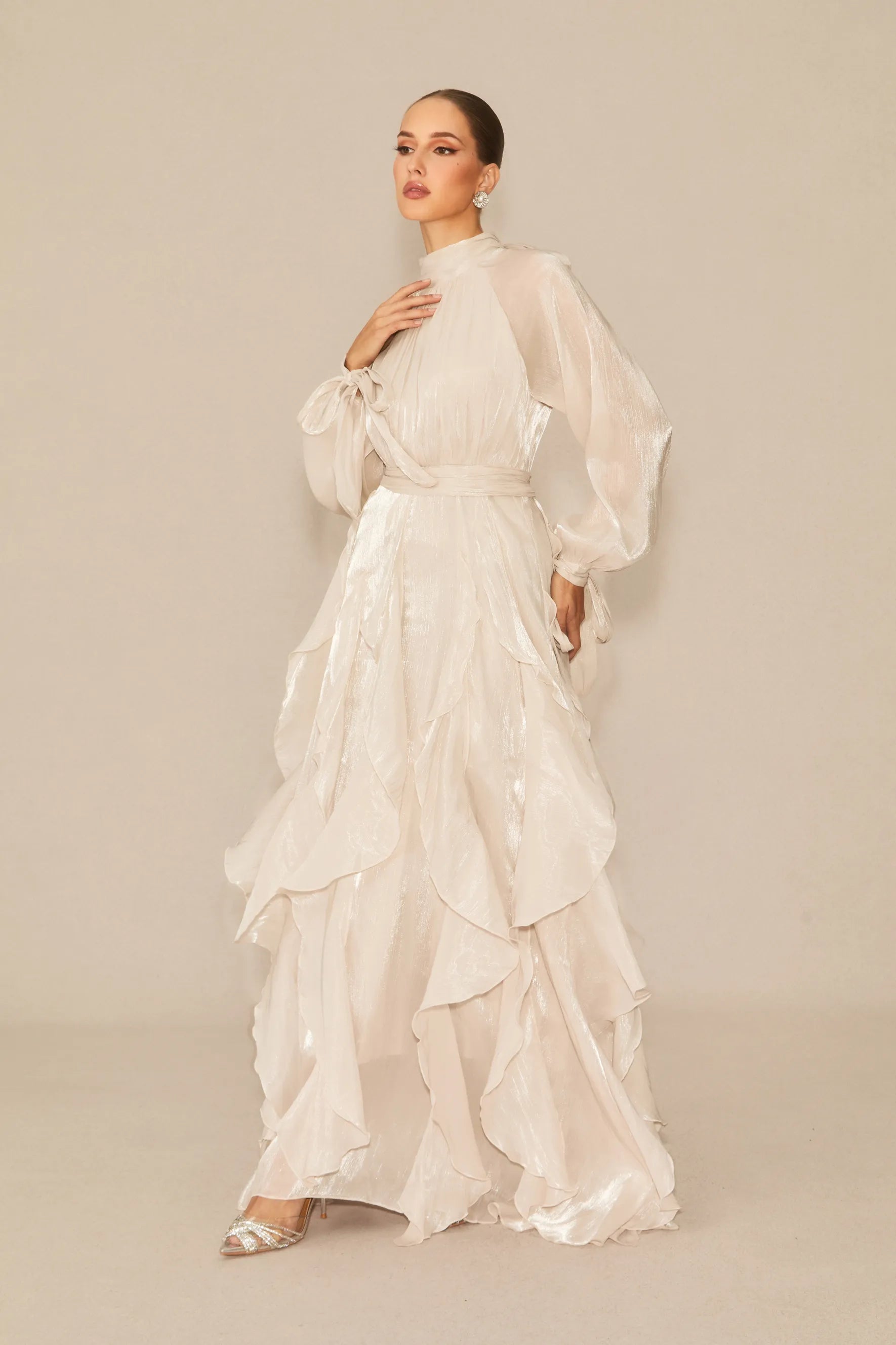 Estella Puff Sleeve Ruffle Trim Maxi Dress