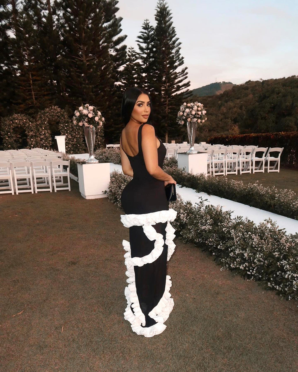 Ruffle Mesh Maxi Dress Black White