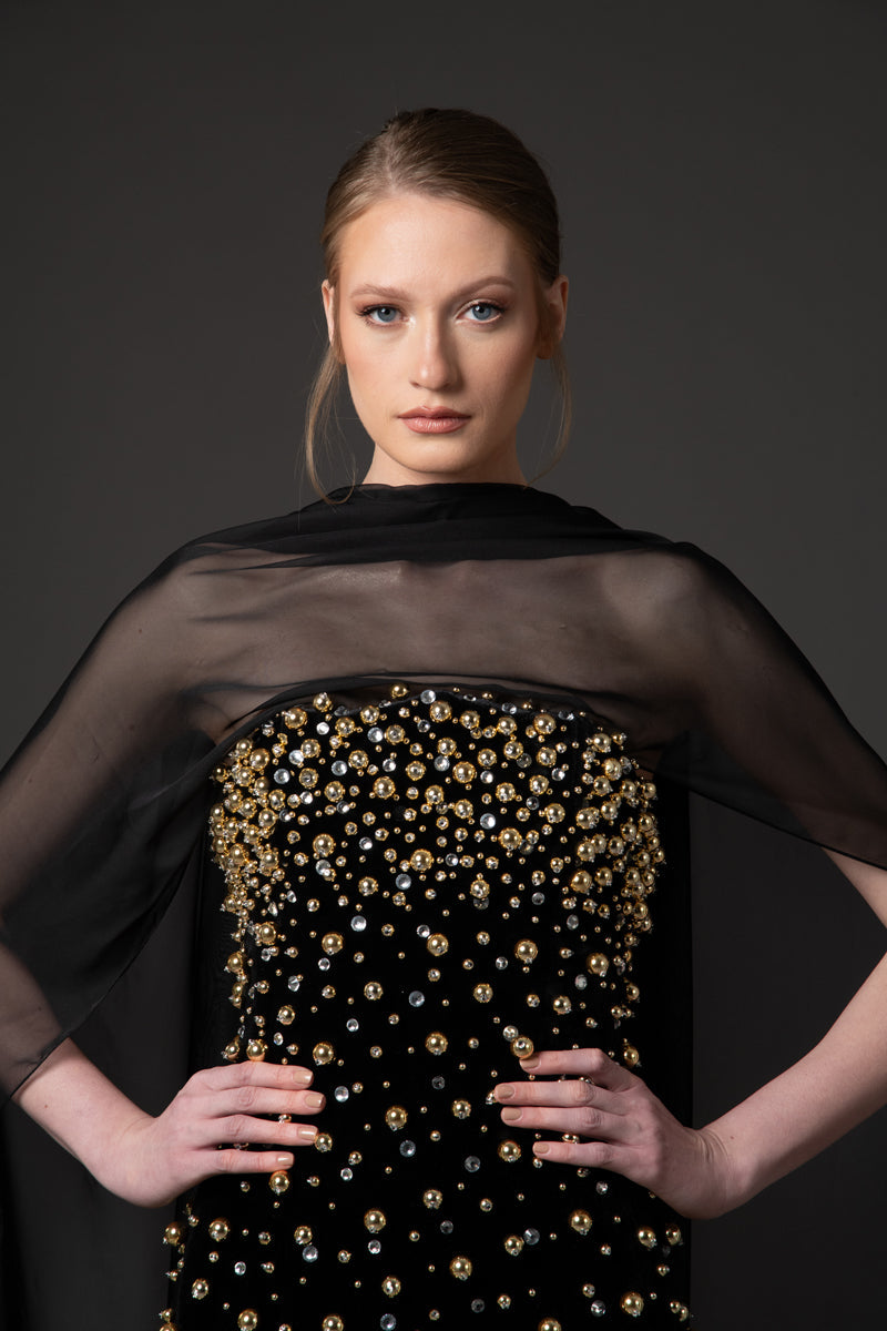 Bandage black dress with crystal and gold embroidery and a chiffon neck scarf