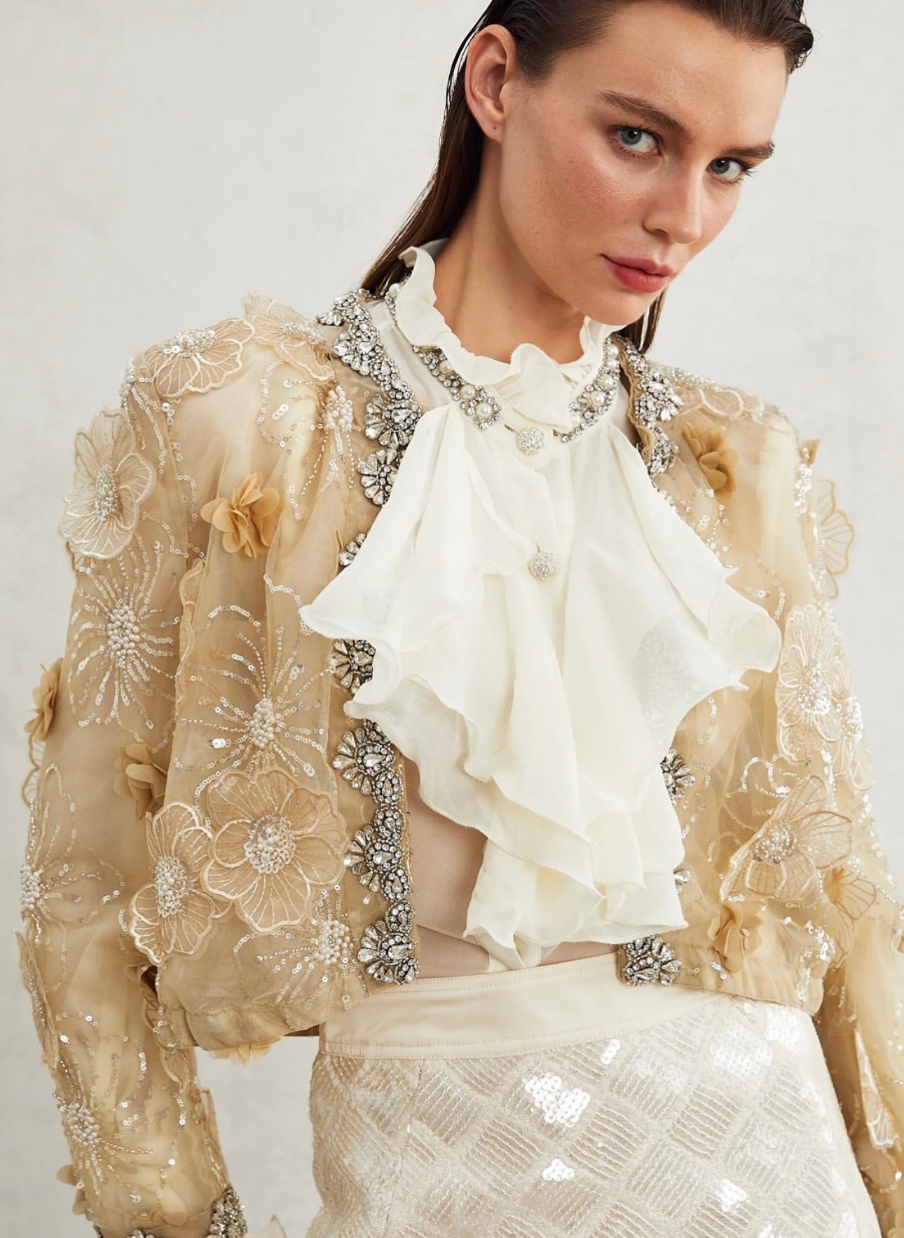 Liane semi-sheer flower beaded organza light luxury jacket