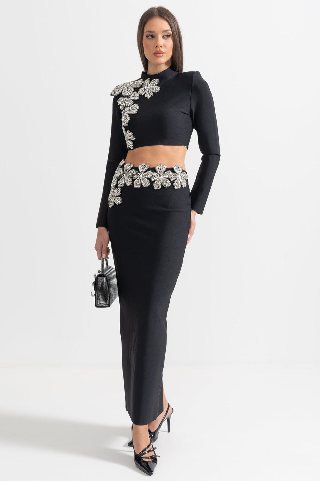 Black Diamond Flower Accent 2 Piece Set With Long Sleeves Top And Maxi Skirt