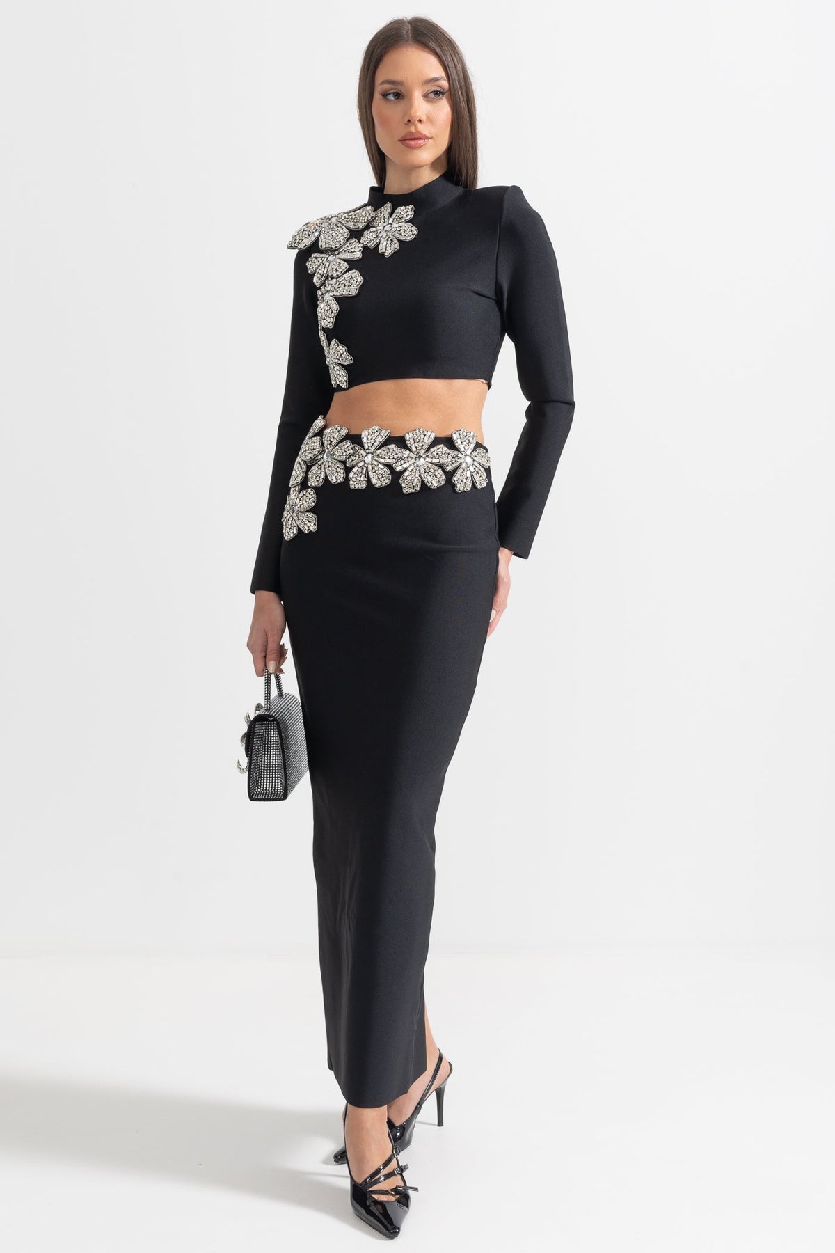 Black Diamond Flower Accent 2 Piece Set With Long Sleeves Top And Maxi Skirt