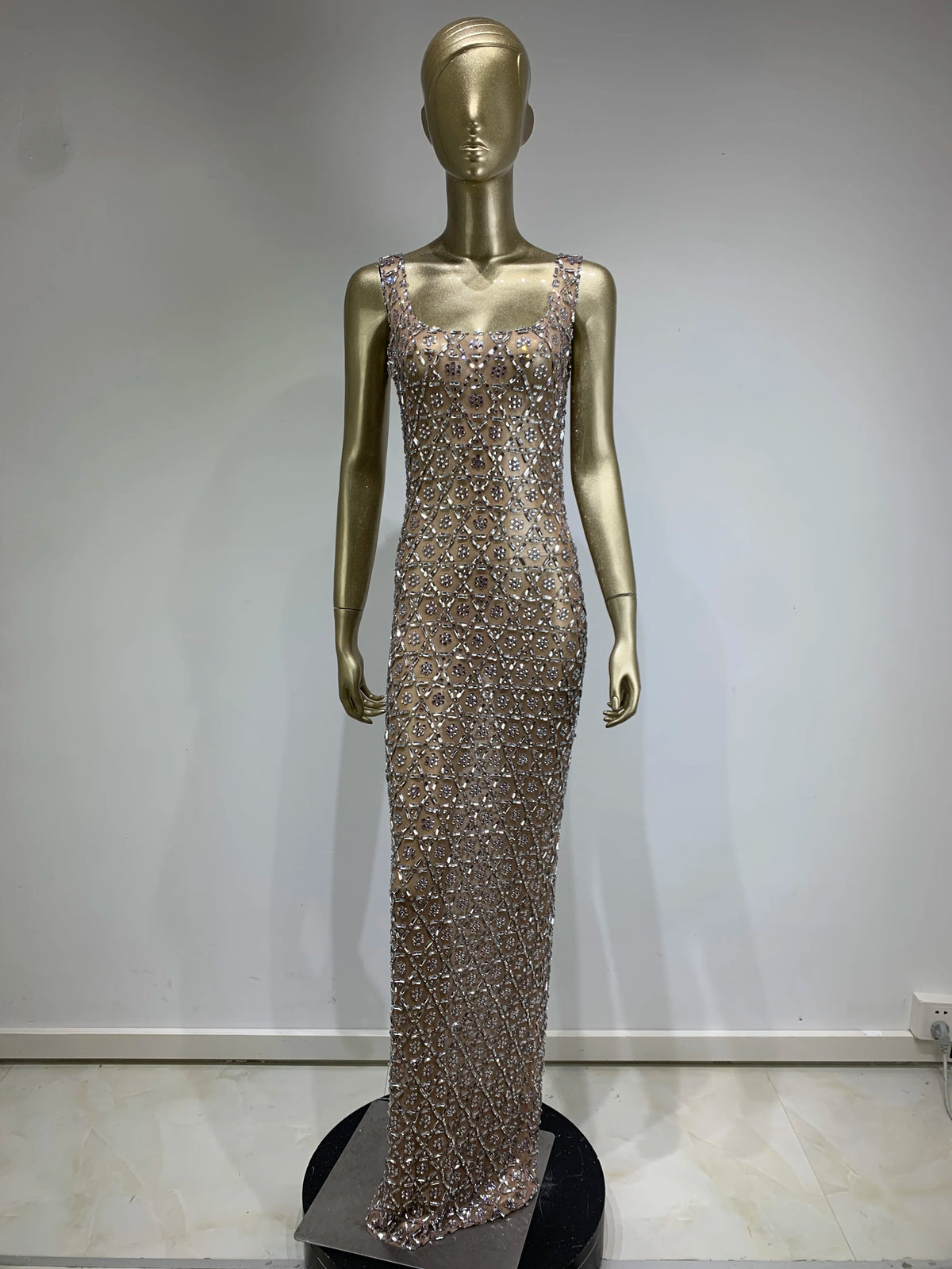 Crystal-Diamond Sheath Maxi Dress