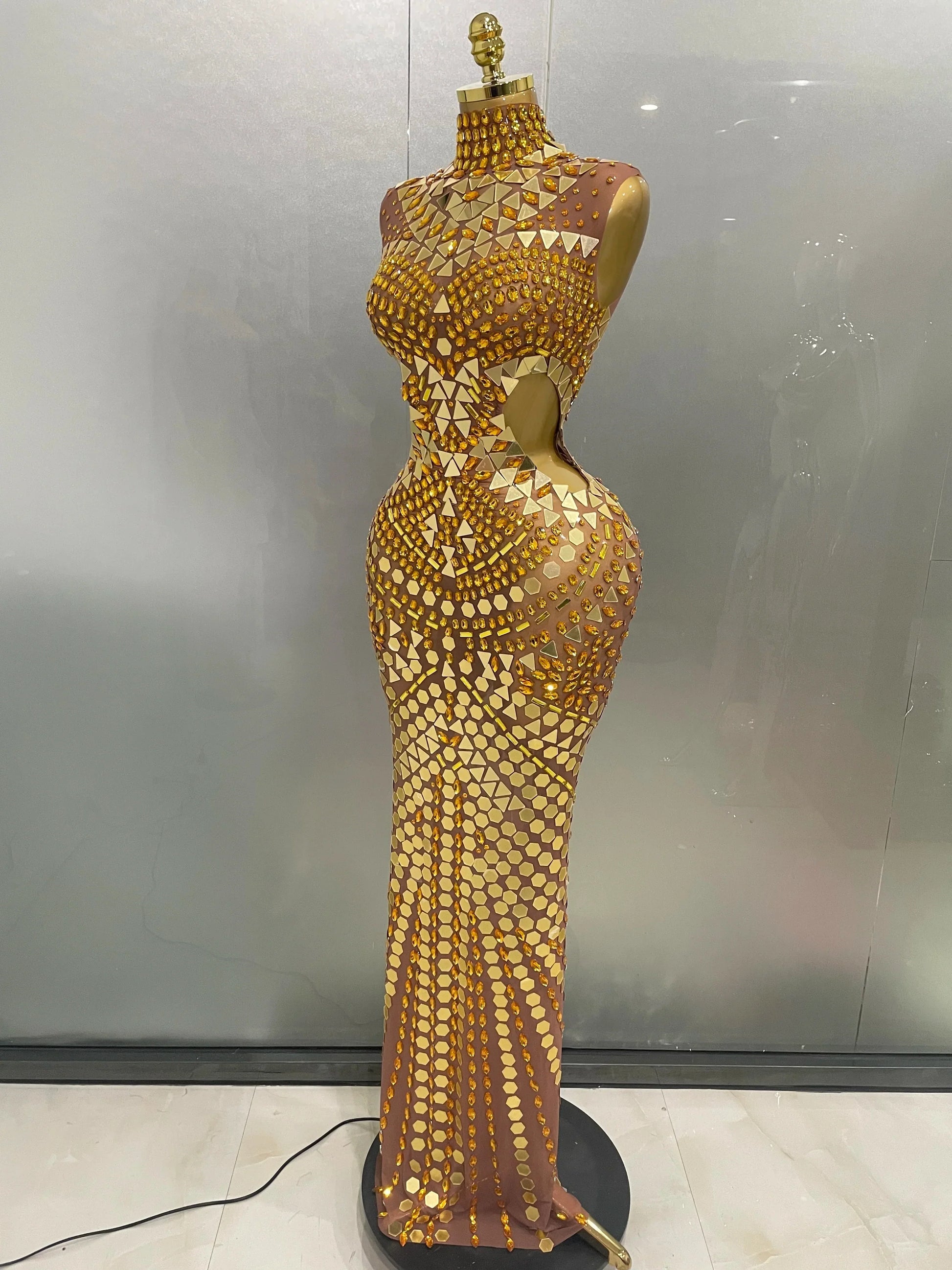 Luxury Shiny Mirror Rhinestones Hollowed-out Long Dress