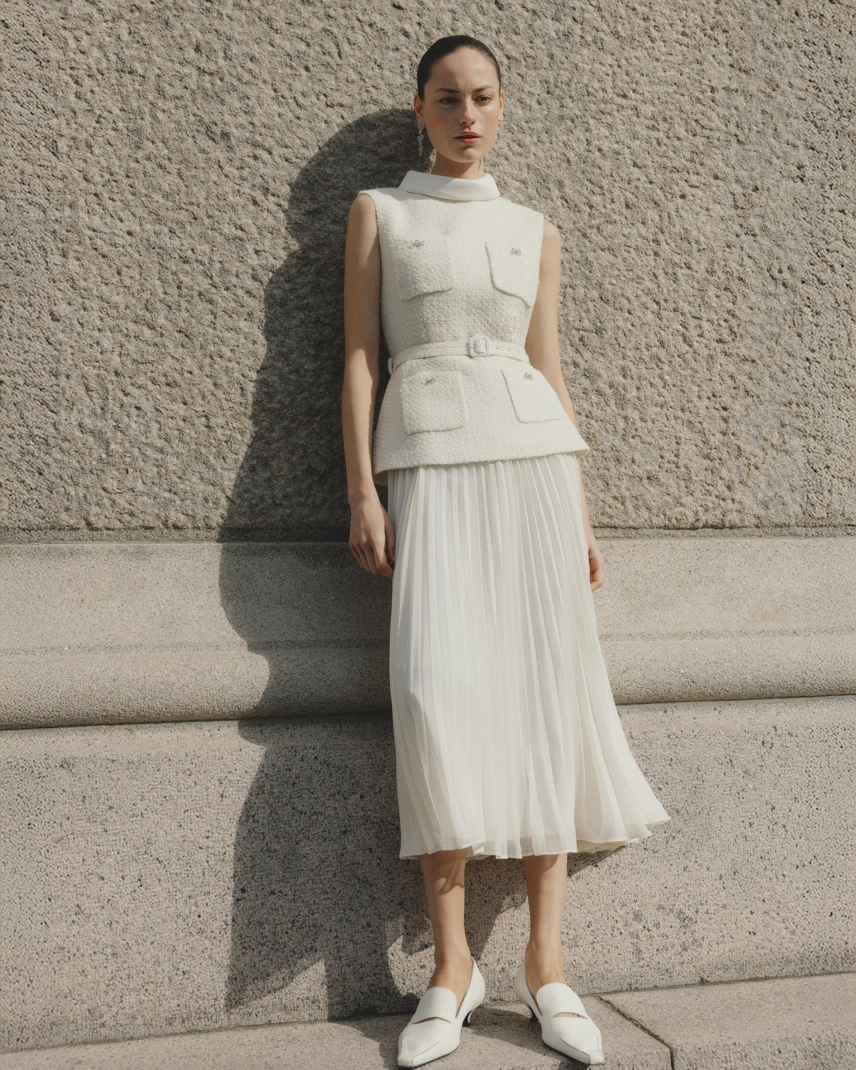 CREAM BOUCLE SLEEVELESS MIDI DRESS