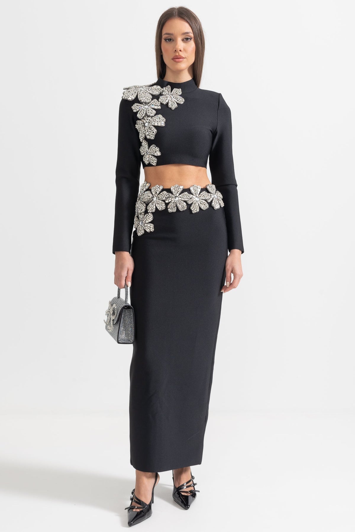 Black Diamond Flower Accent 2 Piece Set With Long Sleeves Top And Maxi Skirt