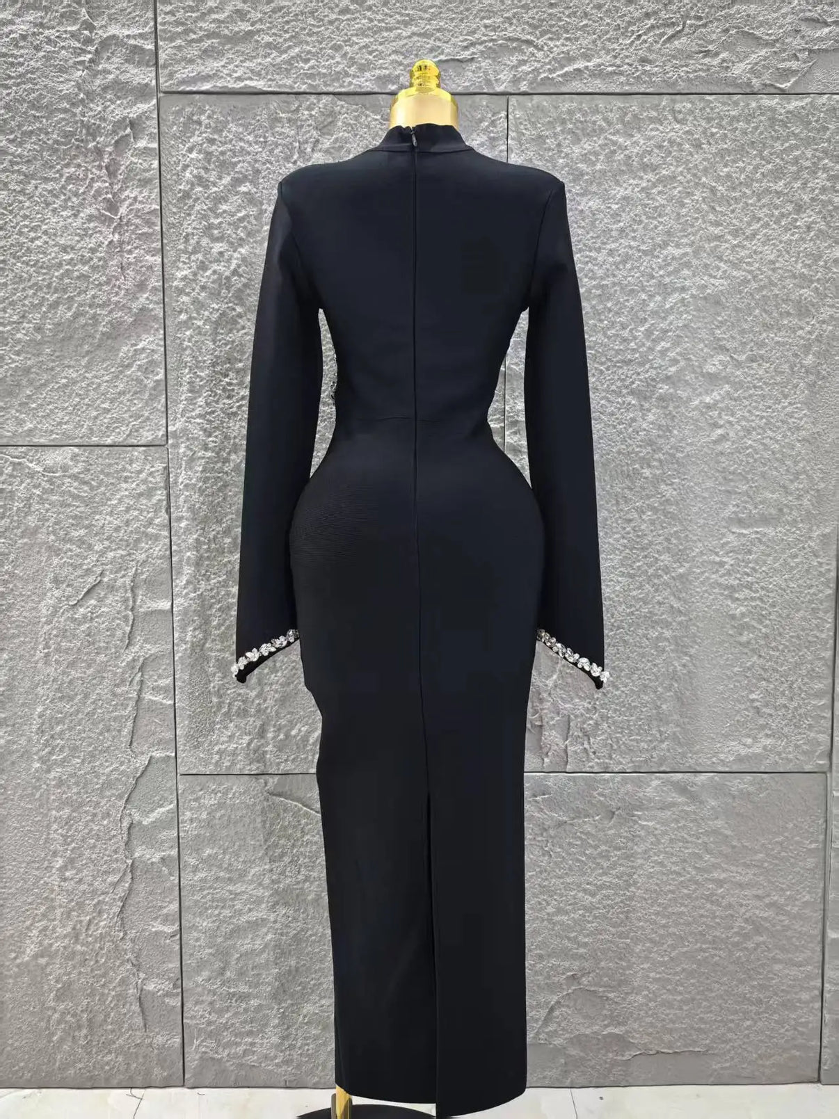 Black Red Women Long Sleeve Shinning Crystal Bodycon