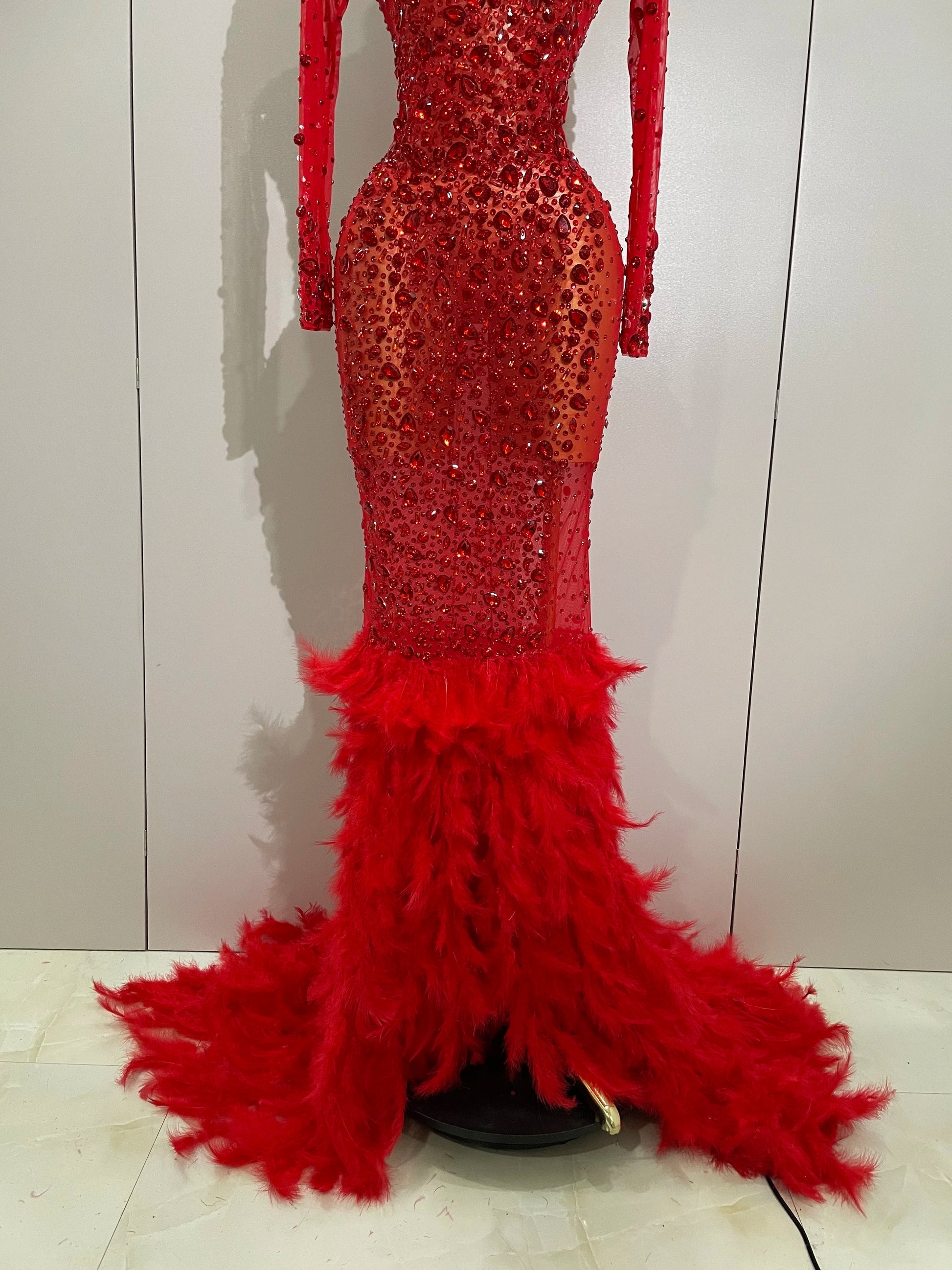 Sparkling Red Crystals Feathers Long Sleeve