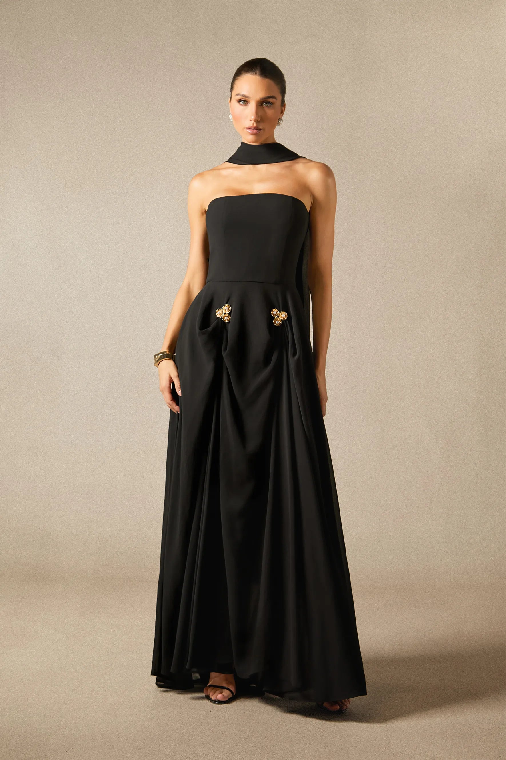 Sarah Strapless Floral Detail Maxi Dress with Scarf