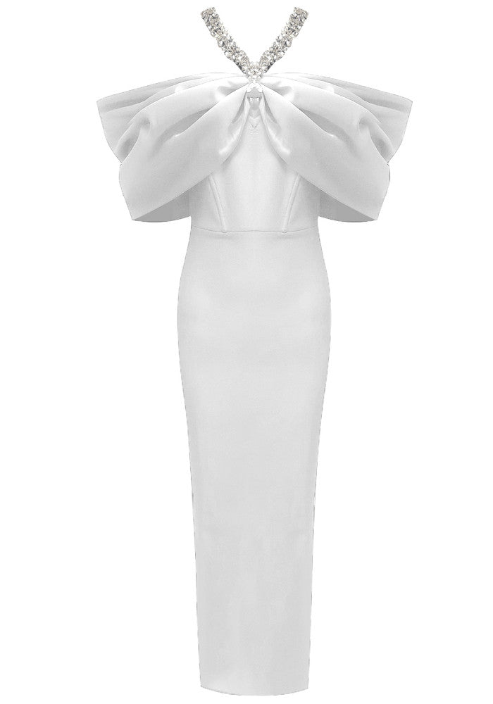 Halter Crystal Draped Bardot Maxi Dress White