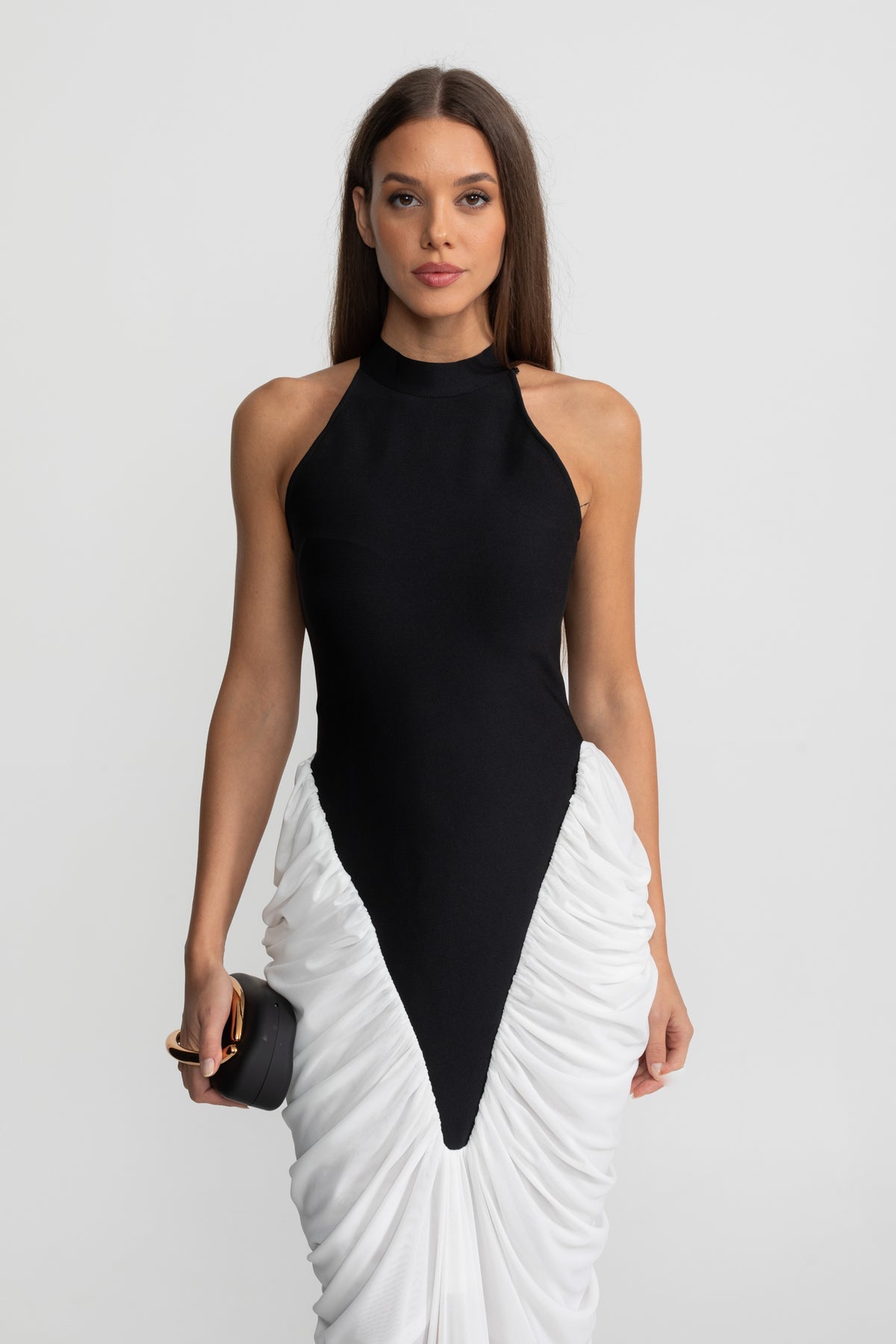 HALTER MAXI DRESS WITH CONTRASTING RUCHED PANELING - BLACK/WHITE