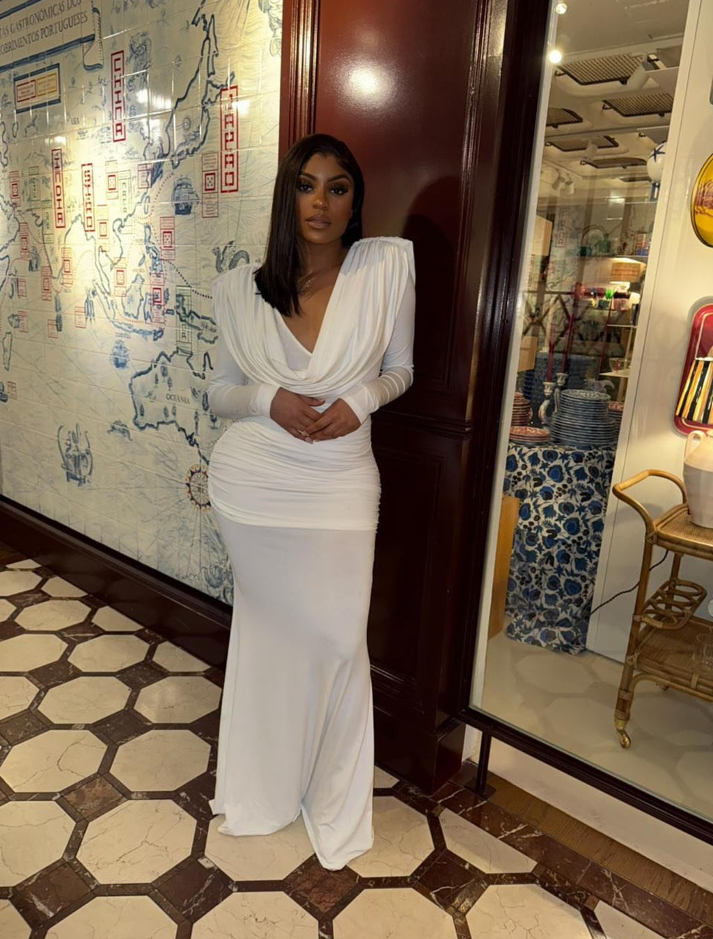 Cowl Neck Long Sleeve Draped Gown