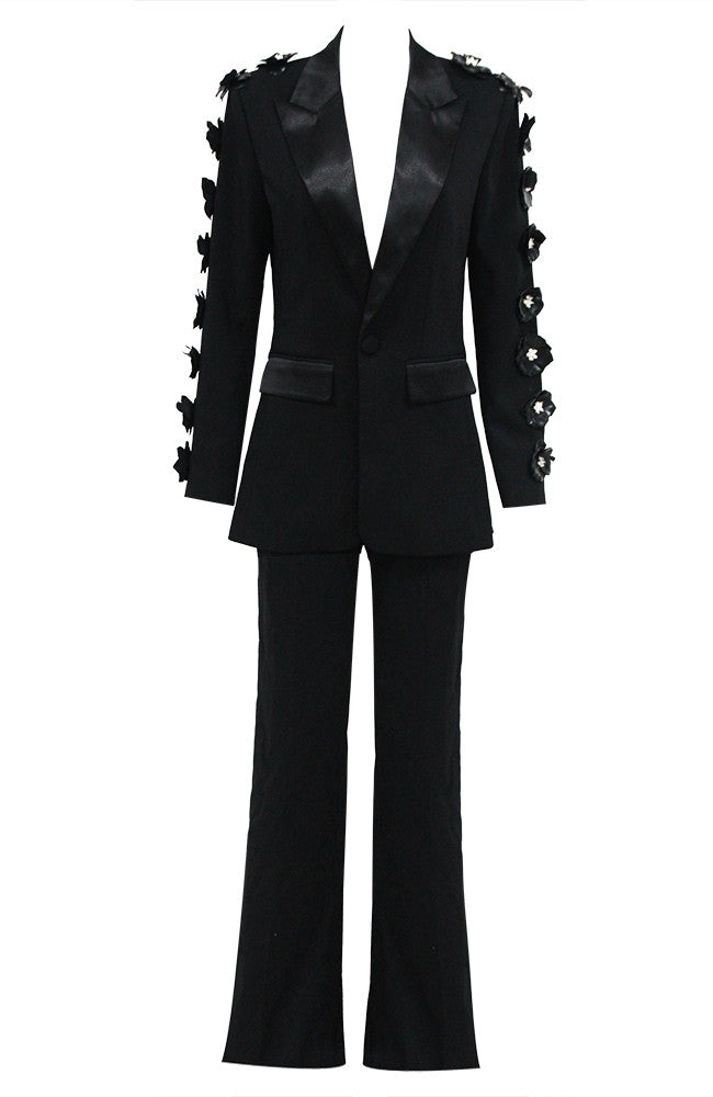 Long Sleeve Floral Detail Suit Black