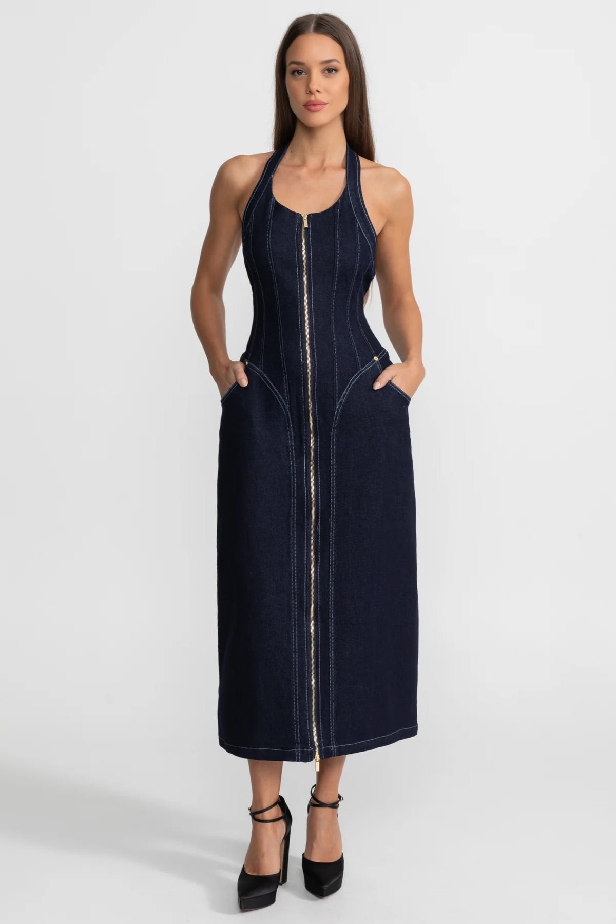 DENIM HALTER DRESS WITH FRONT ZIP CLOSURE - DARK INDIGO