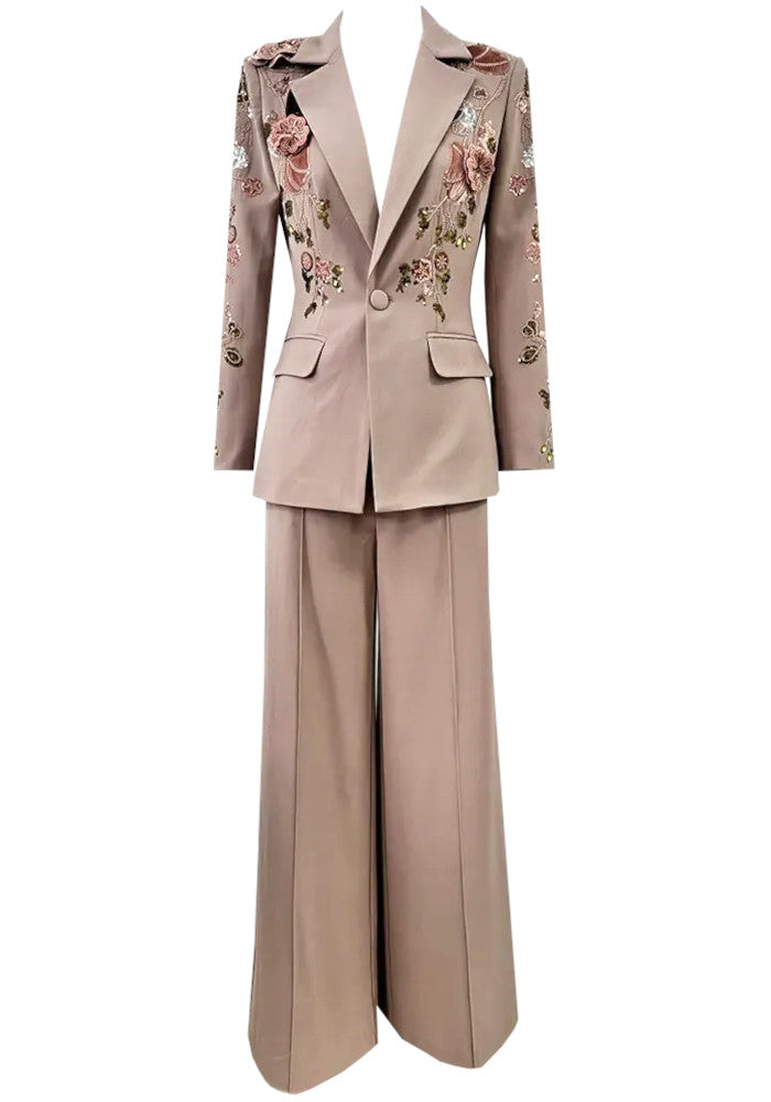 Long Sleeve Sequin Floral Suit Brown