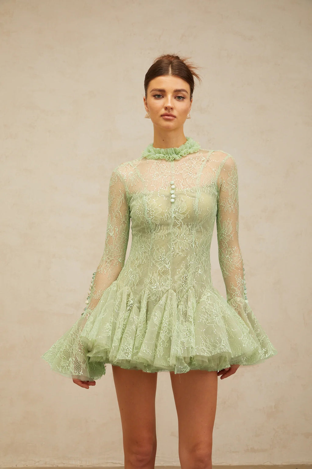 Mélodie green embroidered flared mini dress