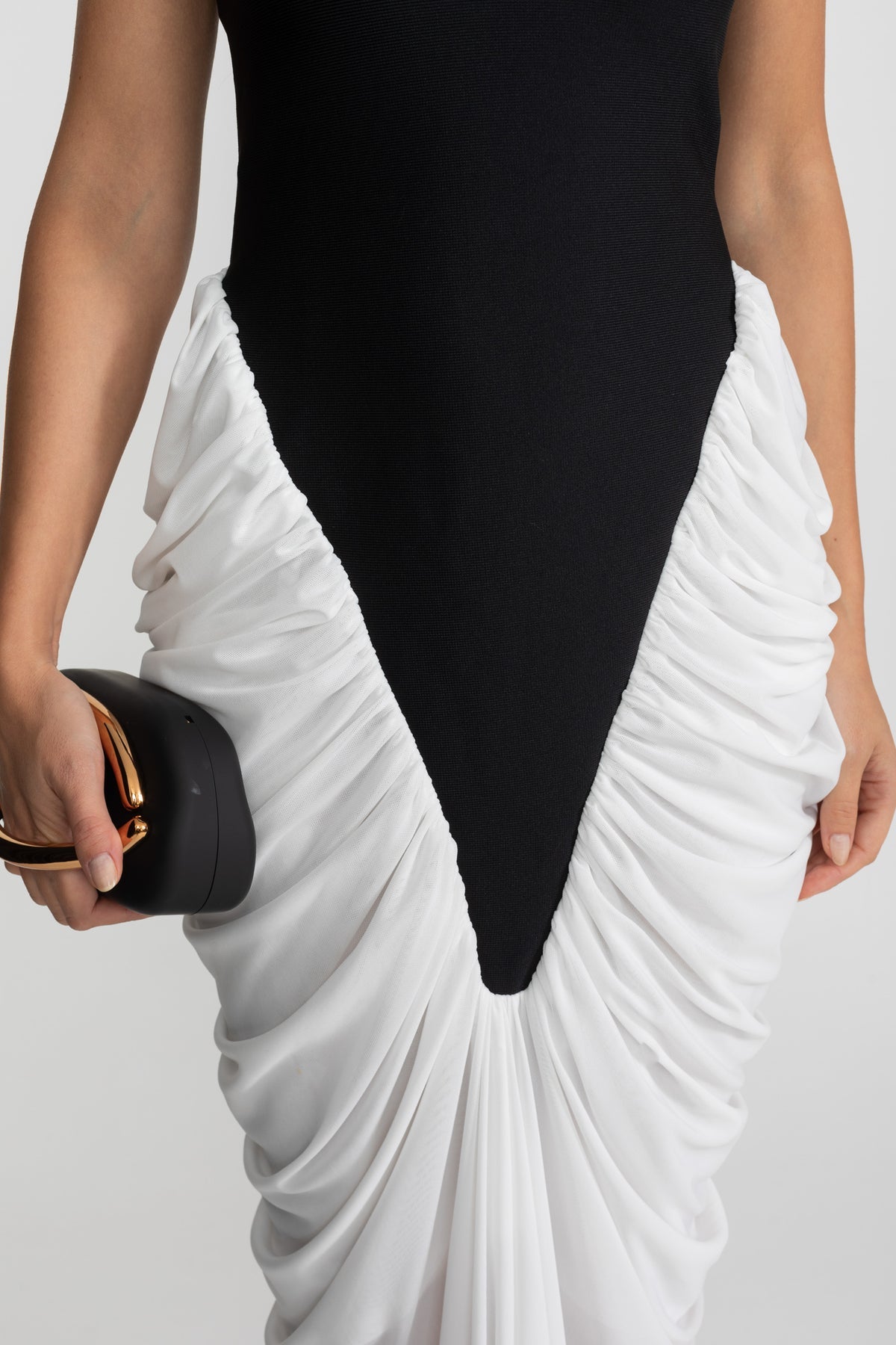 HALTER MAXI DRESS WITH CONTRASTING RUCHED PANELING - BLACK/WHITE