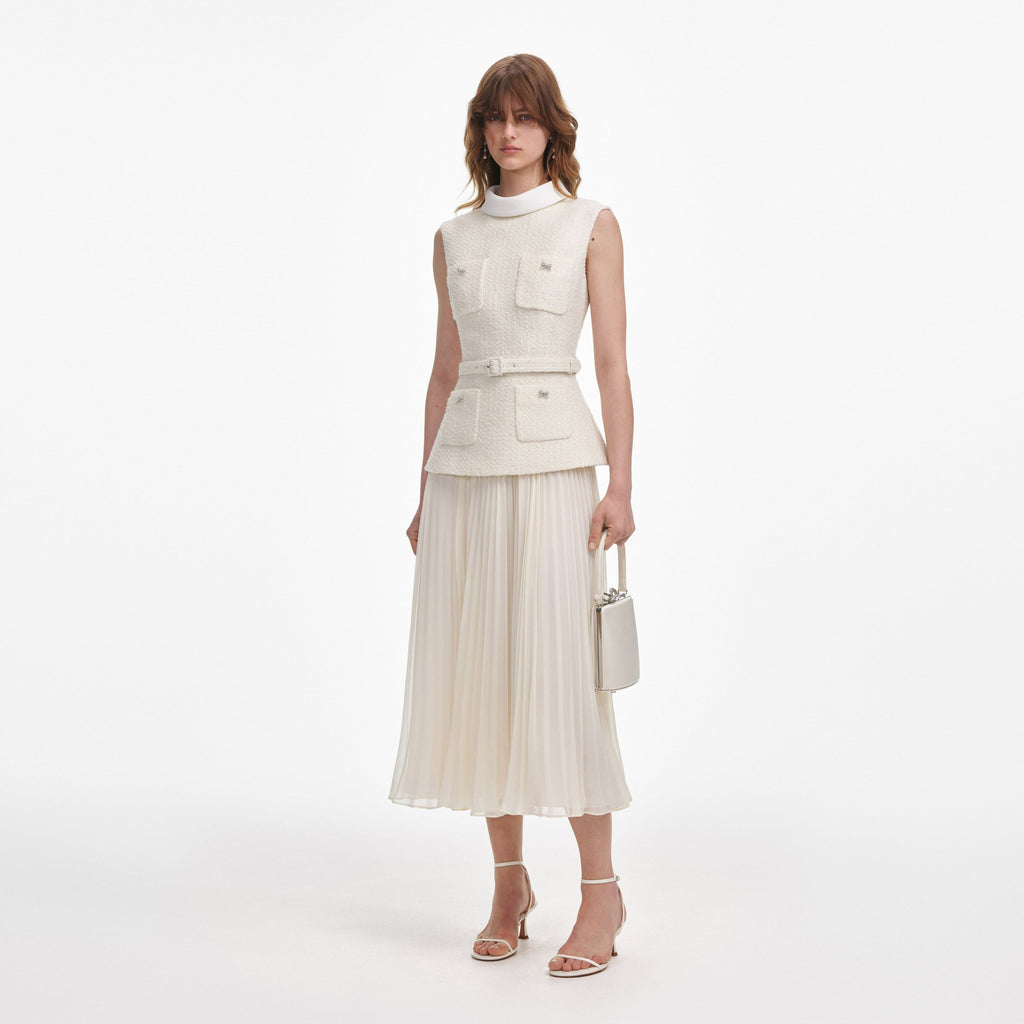 CREAM BOUCLE SLEEVELESS MIDI DRESS