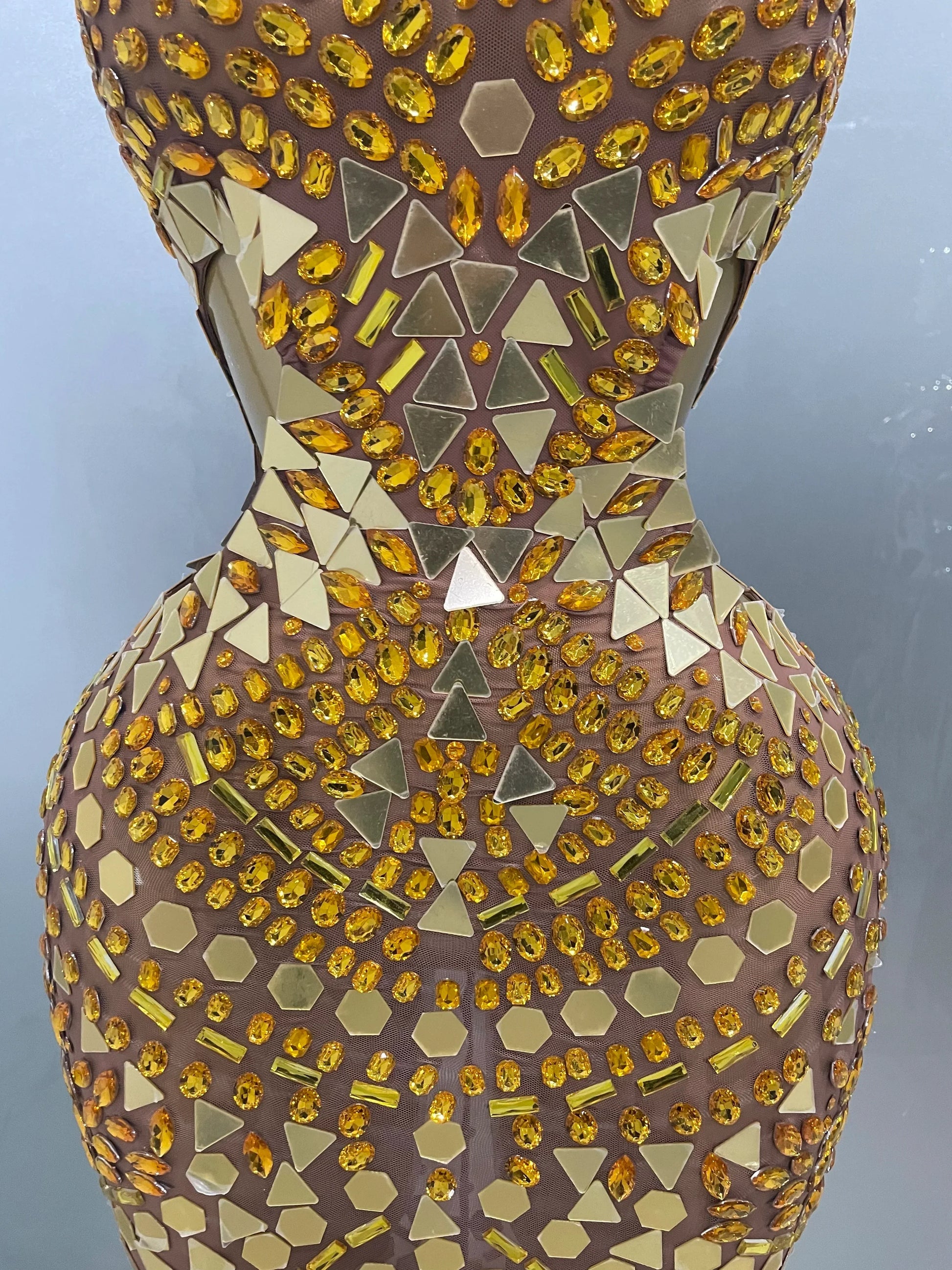 Luxury Shiny Mirror Rhinestones Hollowed-out Long Dress