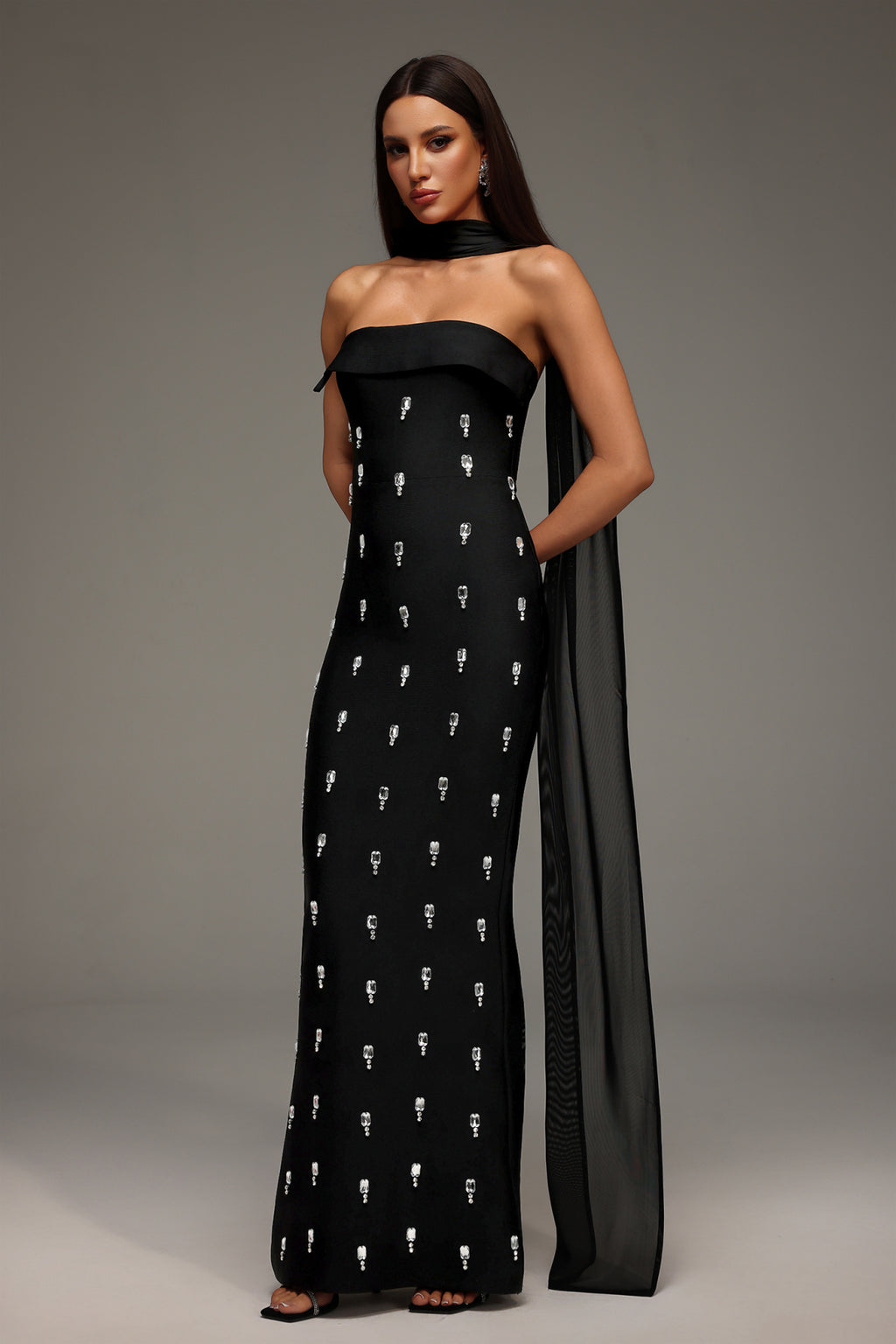 Strapless Crystal Detail Scarf Maxi Dress Black