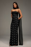 Strapless Crystal Detail Scarf Maxi Dress Black