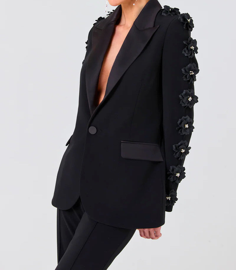 Long Sleeve Floral Detail Suit Black