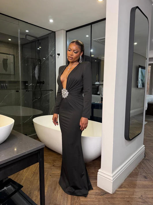 Women Long Sleeve Deep V-Neck Bodycon Long Dress E