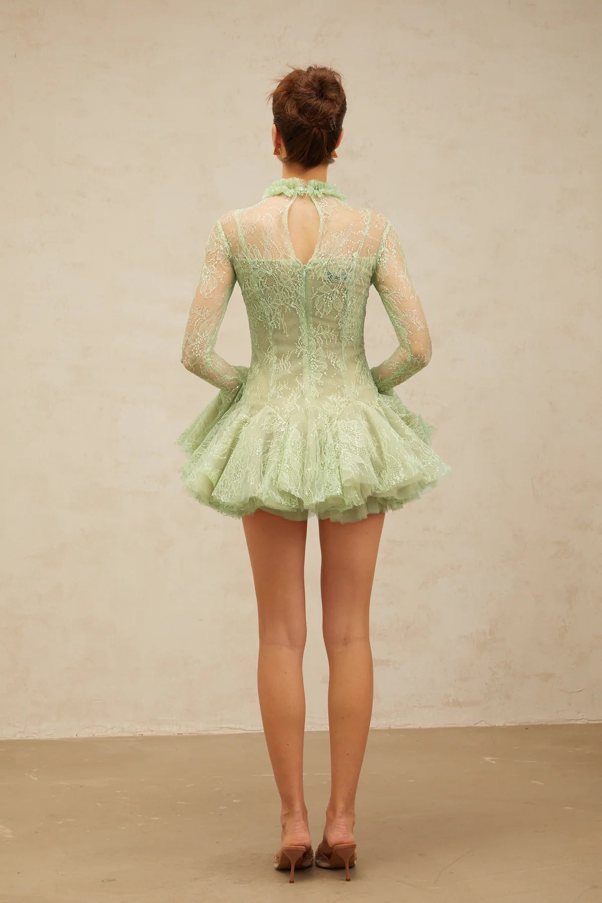 Mélodie green embroidered flared mini dress