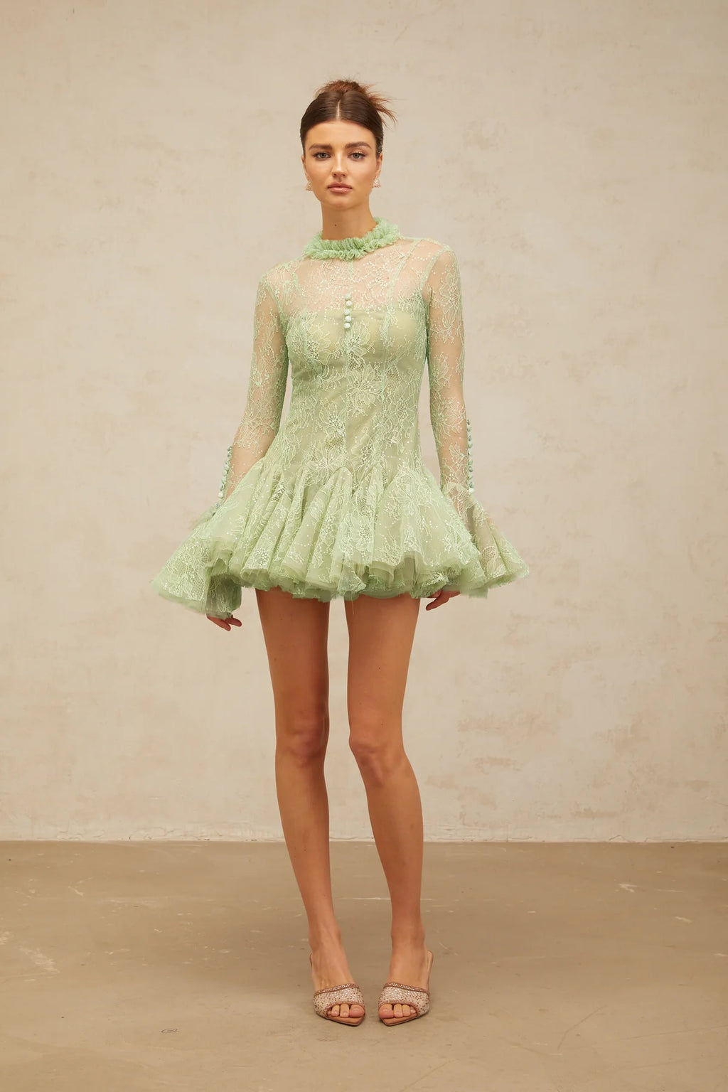 Mélodie green embroidered flared mini dress