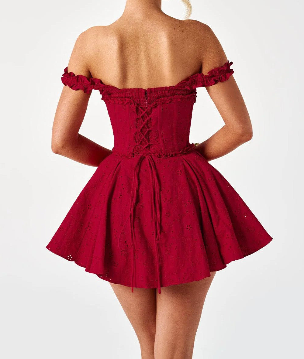 Bardot Broderie Corset A Line Dress Red