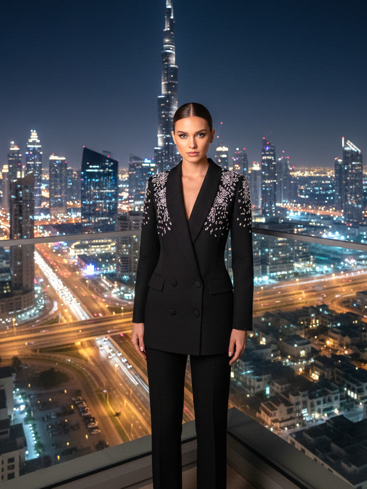 Long Sleeve Crystal Shoulders Suit Black