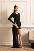 ASYMMETRICAL FITTED DRESS WITH WHITE HIP EMBELLISHMENTS AND SHEER FLOOR-LENGTH EXTENSION - BLACK