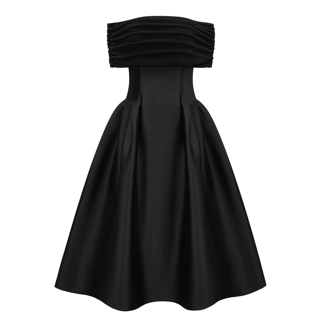 Ainara Black Off Shoulder Polished Midi Dress