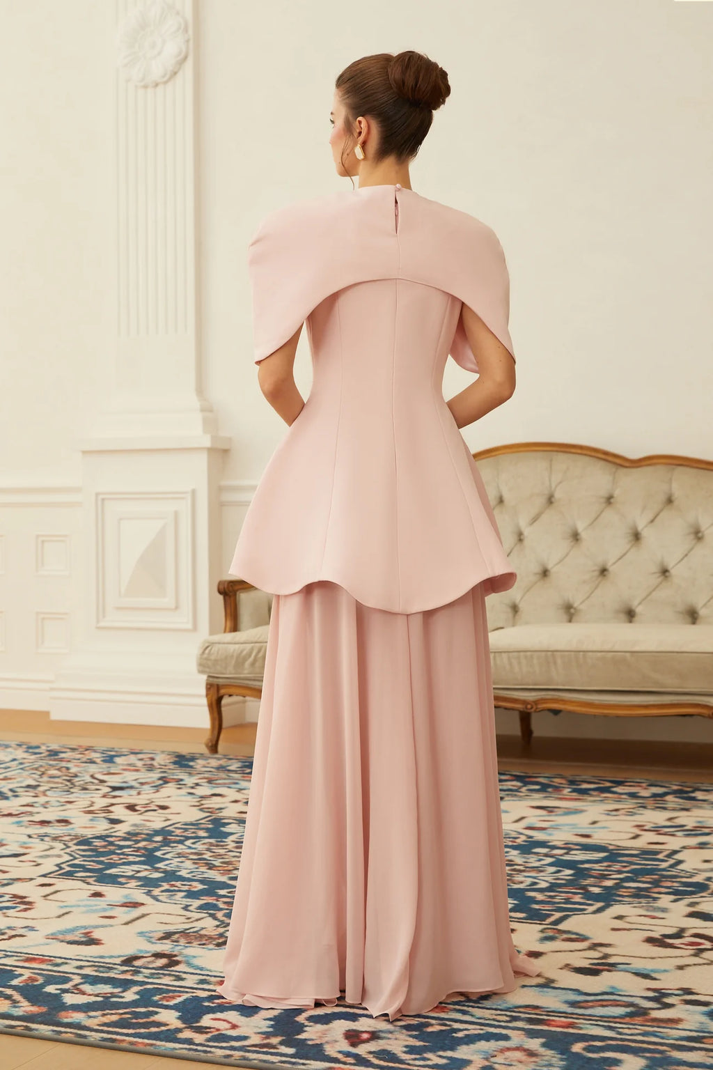 Auriane Pink Layered Cape Sculptural Maxi Dress Set