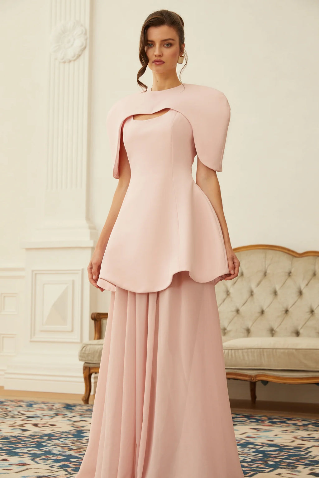 Auriane Pink Layered Cape Sculptural Maxi Dress Set