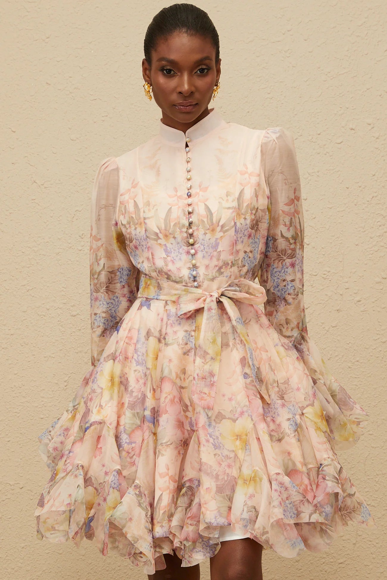 ZIMMERMAN Aya Pink Godet Floral Mini Dress
