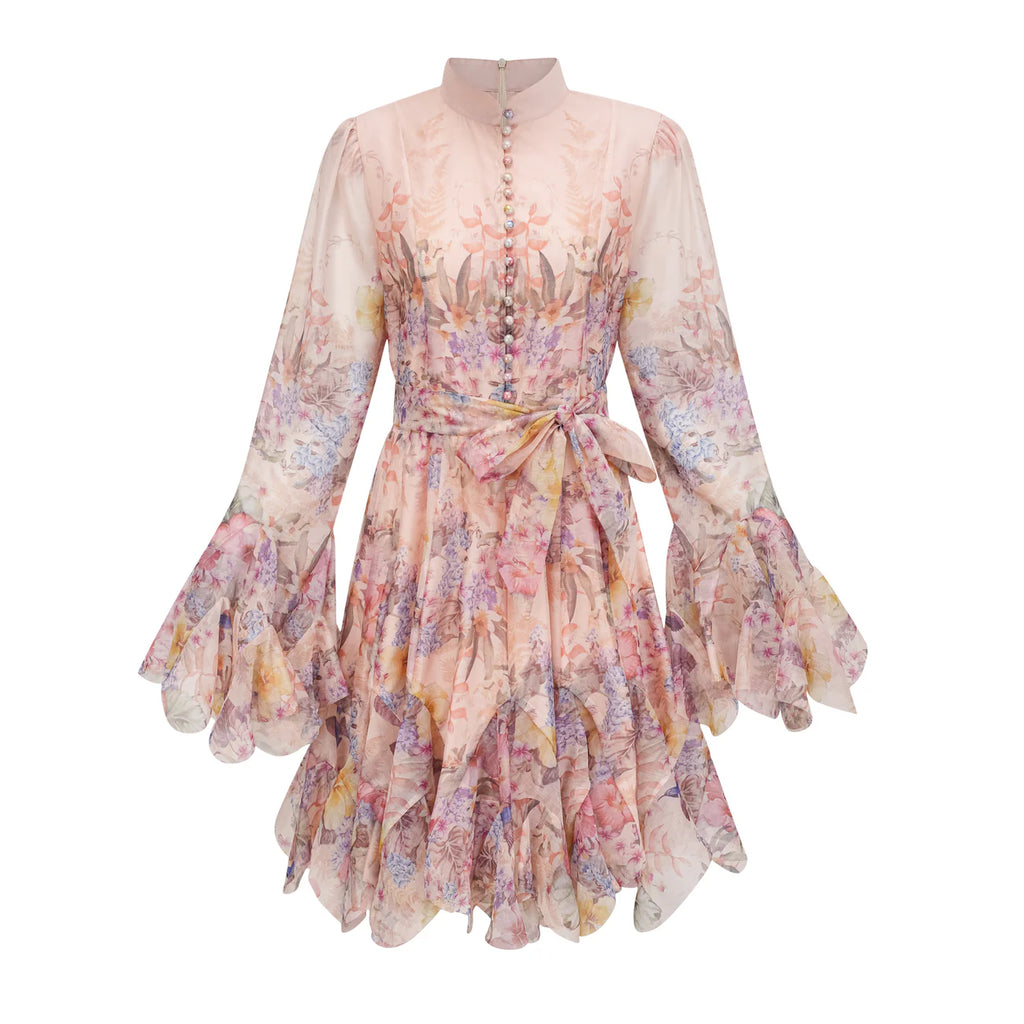 ZIMMERMAN Aya Pink Godet Floral Mini Dress