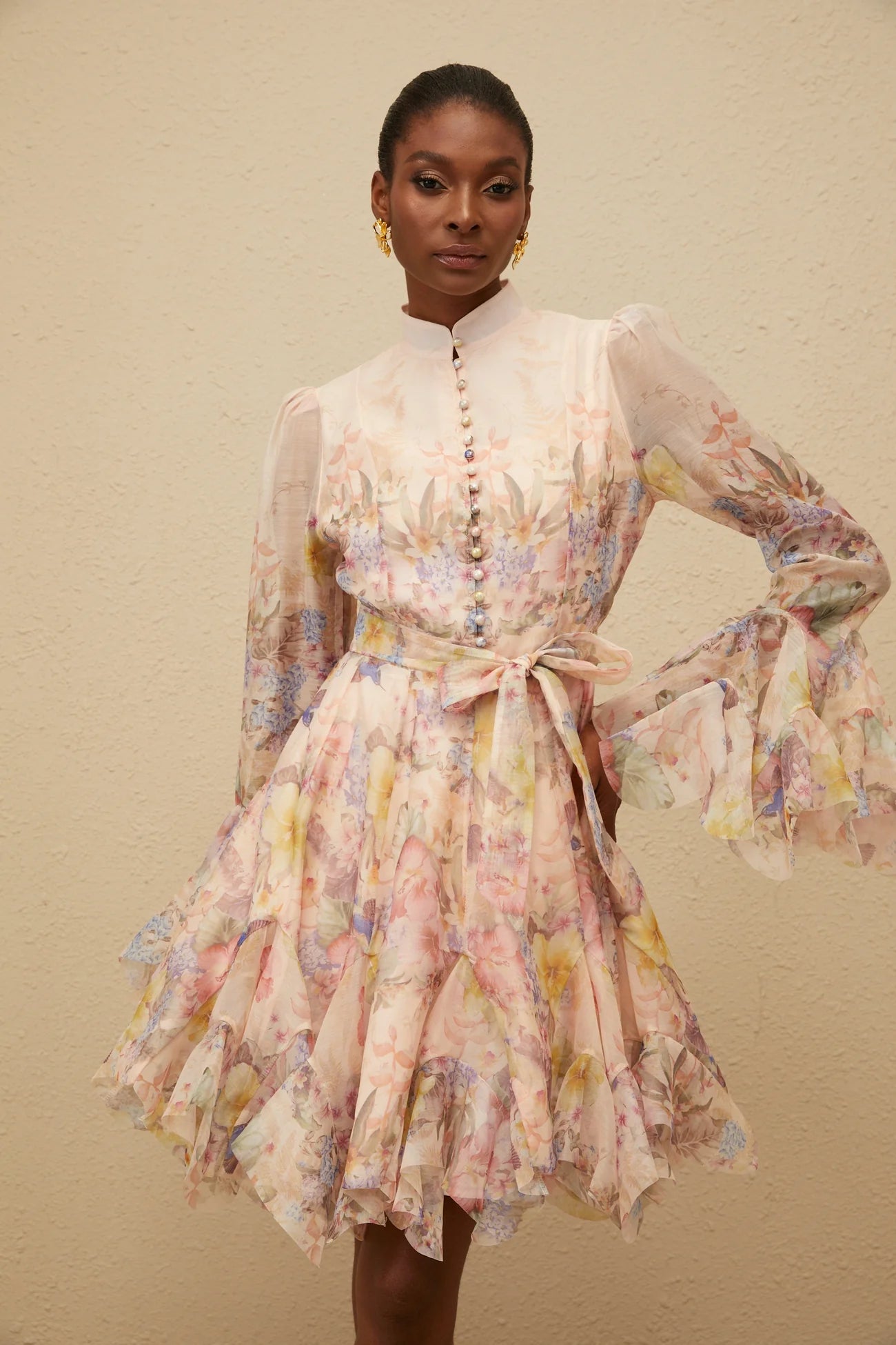 ZIMMERMAN Aya Pink Godet Floral Mini Dress