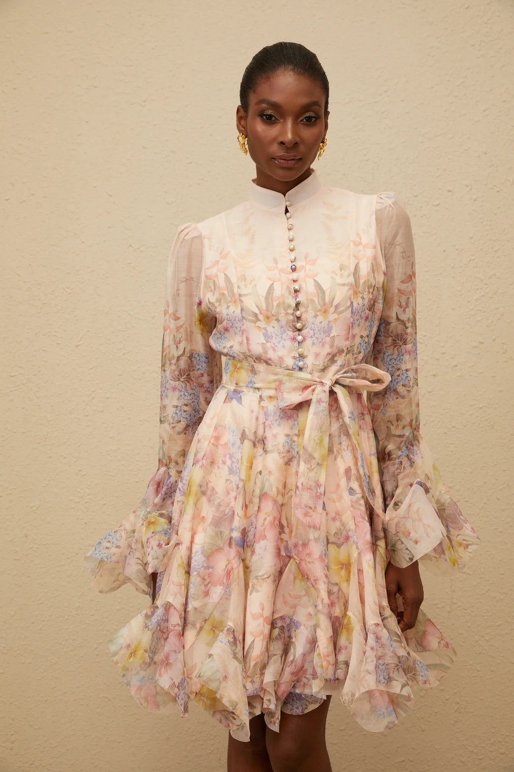 ZIMMERMAN Aya Pink Godet Floral Mini Dress